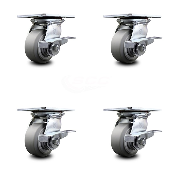 4 Inch Heavy Duty Thermoplastic Caster Set with Ball Bearings and Brakes SCC